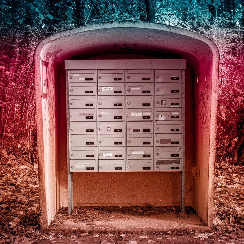 Boîtes aux lettres métalliques alignées dans un abri en béton, entourées de végétation colorée.