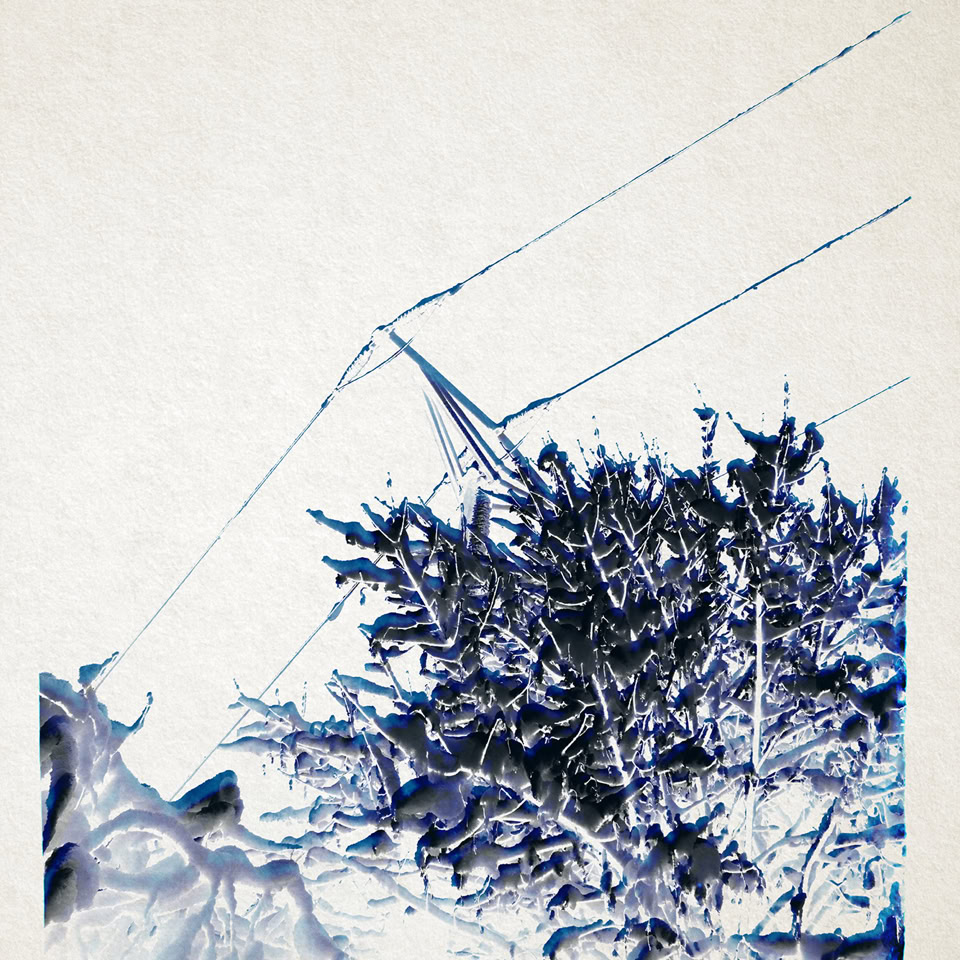 Illustration abstraite avec des formes géométriques et des lignes bleues sur fond beige.