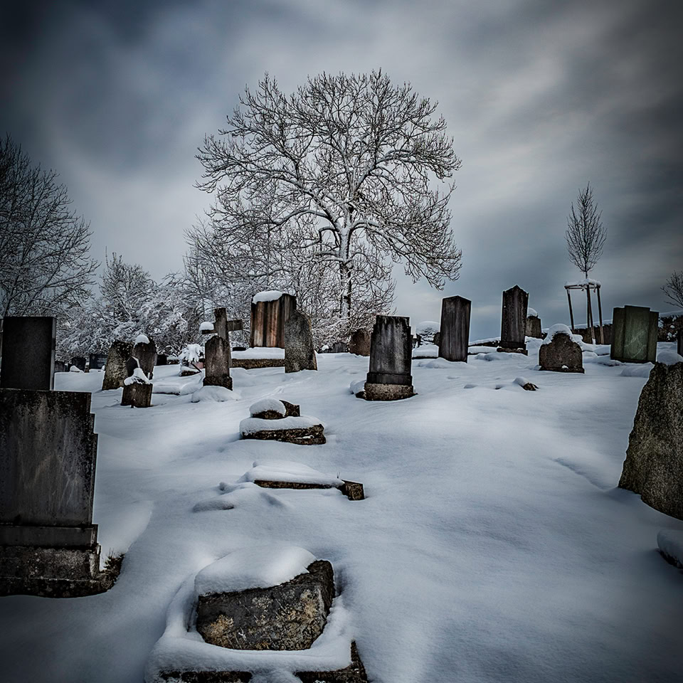Cimetière enneigé avec des pierres tombales dispersées et un grand arbre en arrière-plan sous un ciel nuageux.