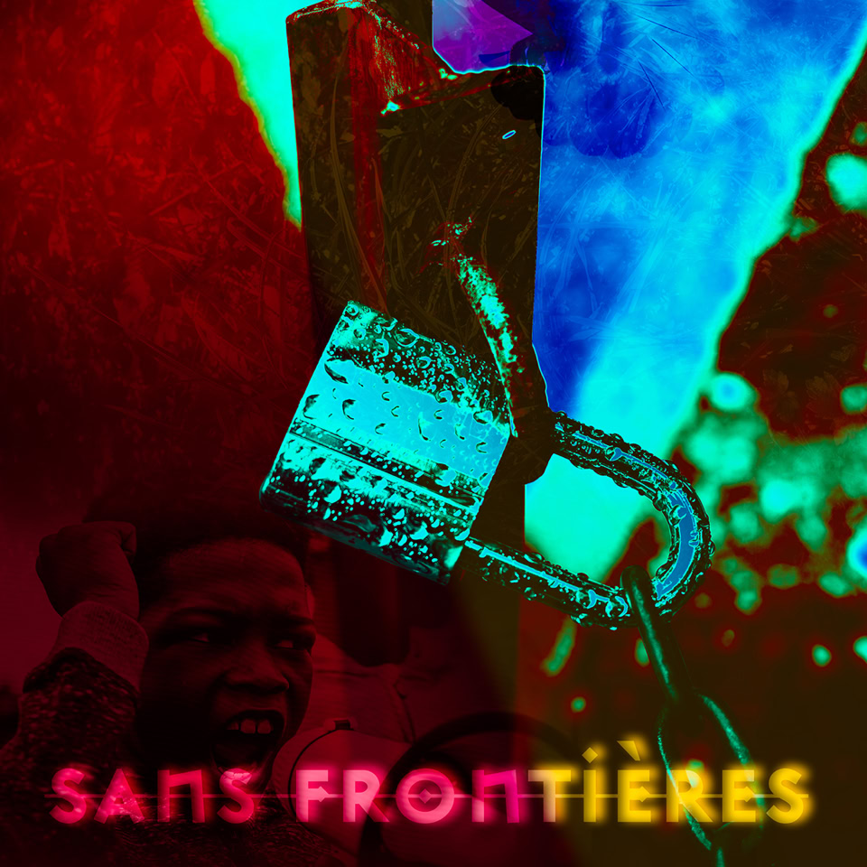 A colorful abstract image featuring a padlock in the center with the words "Sans Frontières" below it.