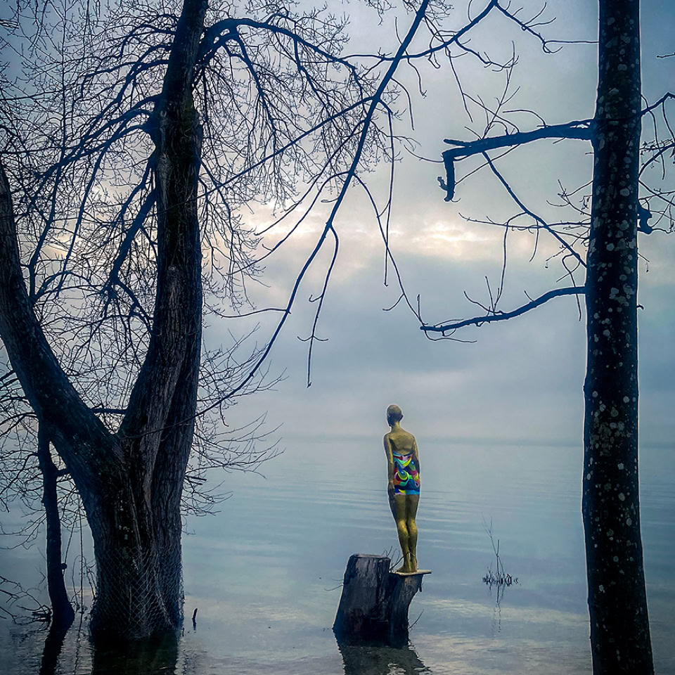 Une personne debout sur un tronc d'arbre au bord de l'eau, entourée d'arbres dénudés, avec un ciel nuageux en arrière-plan.