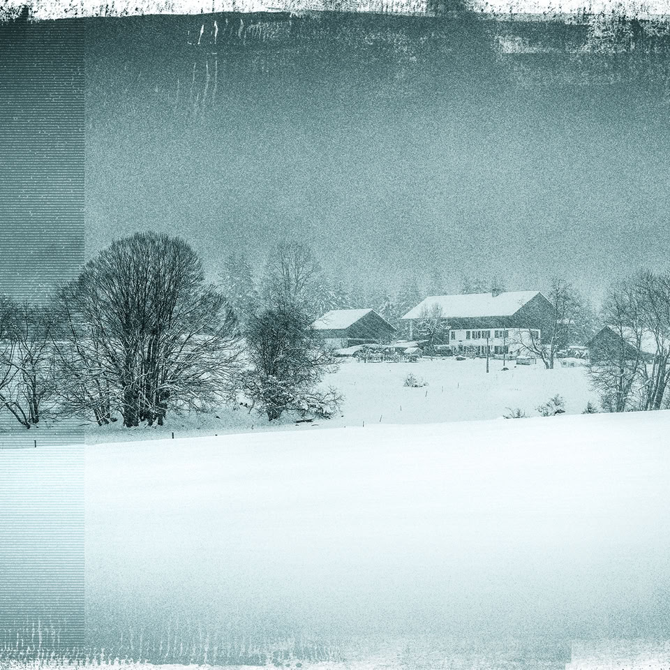 Paysage enneigé avec des arbres et des maisons en arrière-plan, sous un ciel gris.