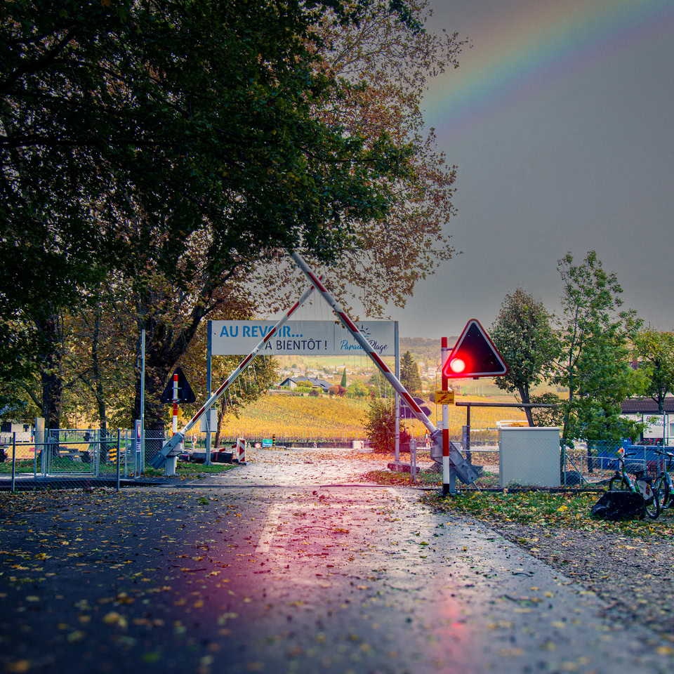 Route mouillée avec des feuilles tombées, barrière levée, feu de signalisation rouge, arbres de chaque côté, arc-en-ciel dans le ciel.